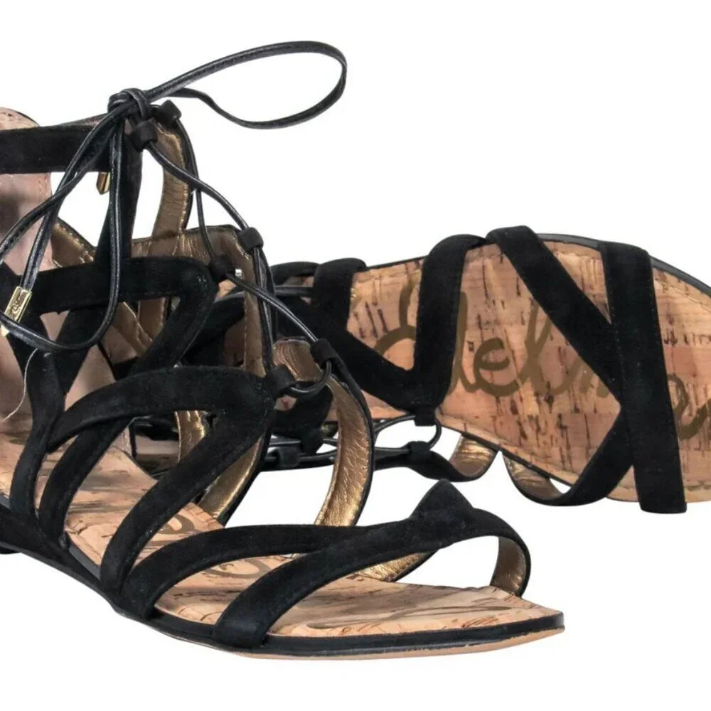 Sam Edelman Black Suede Lace-Up Gladiator Flat Sandal Size 6 - Picture 2 of 5